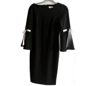 Calvin Klein Black Dress with Bell Sleeves and White Ribbon Detail Sz 4
